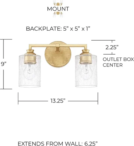 Vista 2 de Capital Lighting 120521CG-422 Milan - Soporte de pared para tocador de baño de vidrio helado, 2 luces, 200 vatios en total, 9 pulgadas de alto x 13
