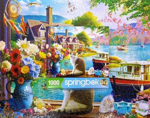 Vista 3 de Springbok Crisp Morning - Rompecabezas de 1000 piezas para adultos y familias, cuenta con un gato disfrutando de una vista junto al lago