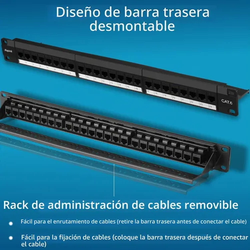 Vista 5 de Rapink Panel de conexión de 24 puertos Cat6 con soporte Keystone en línea 10G, panel de conexión con acoplador de paso UTP de 19 pulgadas con barra
