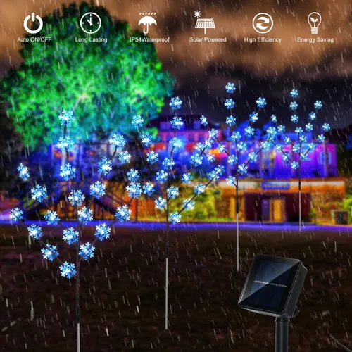 Vista 3 de Decoraciones de Navidad al aire libre, 4 juegos de luces solares para árbol de Navidad con 80 luces de copo de nieve C6, adecuadas para pequeñas