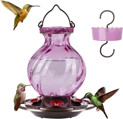 Vista 11 de Auslar - Comedero para colibríes, de vidrio de 26 onzas, para colgar en exteriores, a prueba de hormigas y abejas, foso de hormigas y 5 puertos
