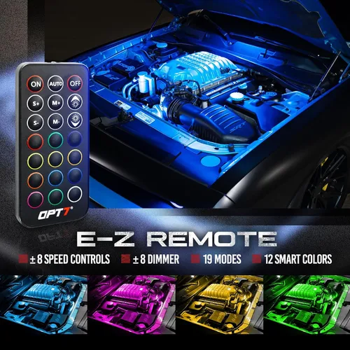 Vista 3 de OPT7 Aura Engine Bay - Kit de luz LED RGB con control remoto, 4 tiras de luz impermeables de 12 pulgadas para debajo del capó, modo multicolor