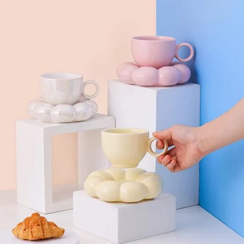 Vista 2 de Taza de café de cerámica, taza de capuchino de 7 onzas, tazas de café de cerámica con platillos, aptas para microondas y lavavajillas, juego de taza