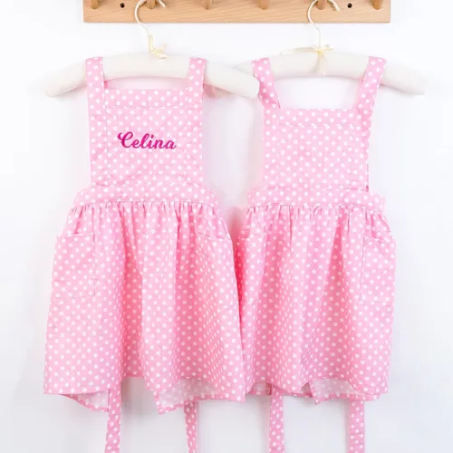 Vista 2 de MT WORLD Delantal para niños personalizado, delantal para niños pequeños para niñas, delantal de lino bordado, delantales para niños con lunares