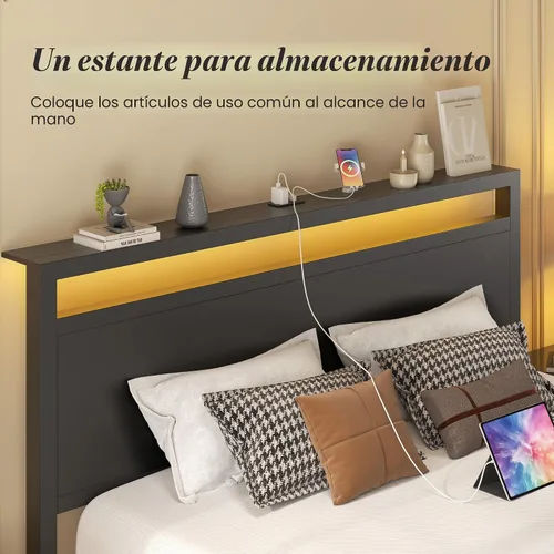 Vista 6 de Fluest Queen Bed Frame with Headboard & Footboard, Bed Frame with Built-in Charging Station & LED Light, Storage Shelf, Noise-Free, No Box Spring