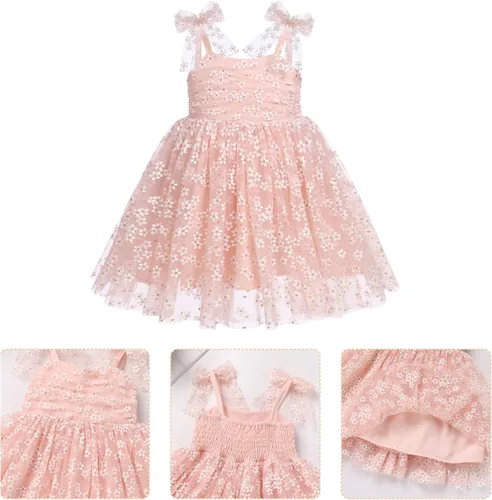 Vista 6 de ODASDO Vestido de fiesta de cumpleaños para niñas pequeñas, con lazo, tirantes delgados, tutú de tul, vestido de princesa, concurso de fiesta