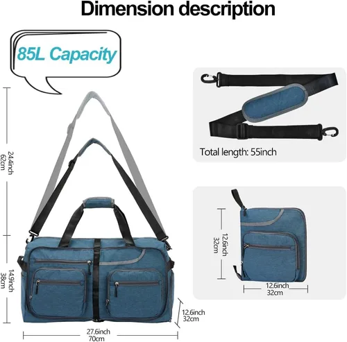 Vista 2 de Bolsa de viaje plegable de 65 litros con compartimento para zapatos y bolsillo húmedo, impermeable y resistente a desgarros, A4-azul oscuro