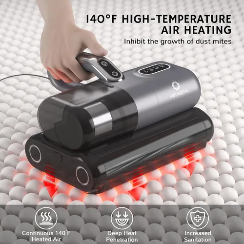 Vista 5 de AIRTHEREAL Aspiradora de colchón M1, aspiradora de cama 6 en 1 con vibración de alta frecuencia, rotación de cepillo doble de 80,000 RPM, luz UV-C