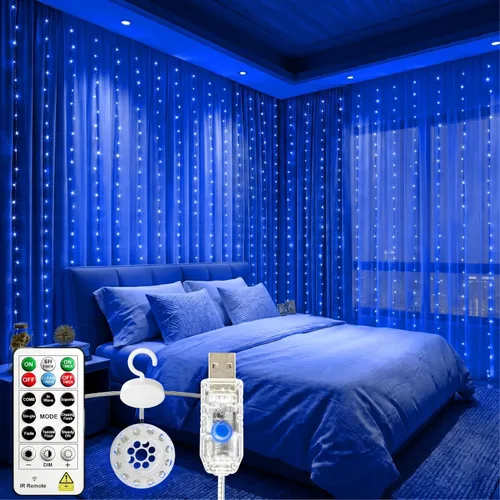Vista 14 de HXWEIYE 300 luces LED de cortina sin enredos, 9.8 x 9.8 pies, USB, control Blanco cálido