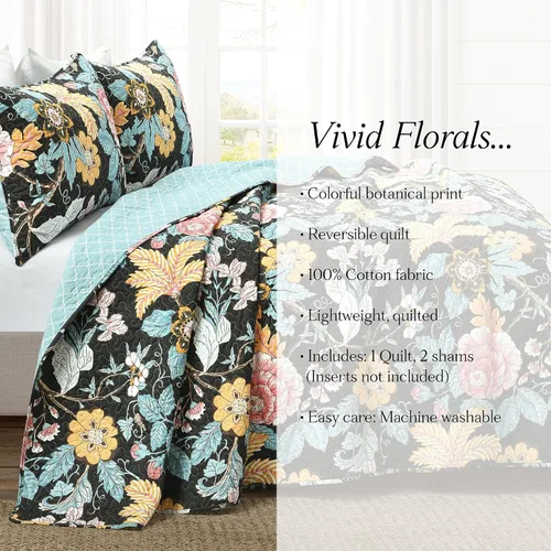 Vista 7 de Lush Decor Sydney - Juego de edredón reversible de algodón, juego de 3 piezas, matrimonial/queen, negro y azul, juego de ropa de cama de algodón