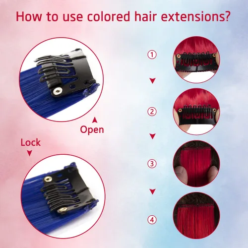 Vista 5 de 20 extensiones de cabello con clip de colores para niñas, extensiones de cabello arcoíris multicolor de 20 pulgadas, reflejos instantáneos, piezas