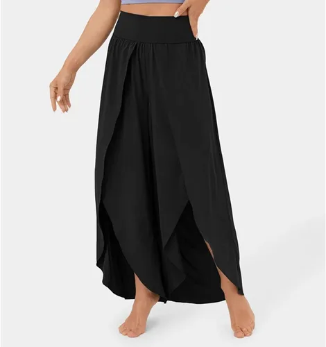 Vista 4 de Pantalones fluidos para mujer, pantalones casuales de pierna ancha con abertura, talla grande, bohemio, cintura alta, para yoga, hippie, pilates