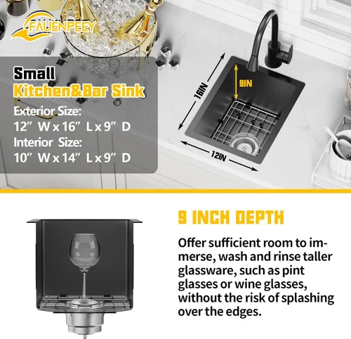 Vista 3 de Fregadero de cocina y bar negro de 12 x 16 pulgadas, pequeño tazón de acero inoxidable para montaje inferior, fregadero de cocina y bar, elección