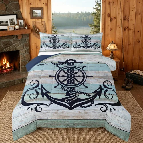 Vista 31 de Erosebridal Juego de edredón de ancla náutica, juego de ropa de cama con brújula oceánica, tamaño individual para niños, adolescentes y adultos