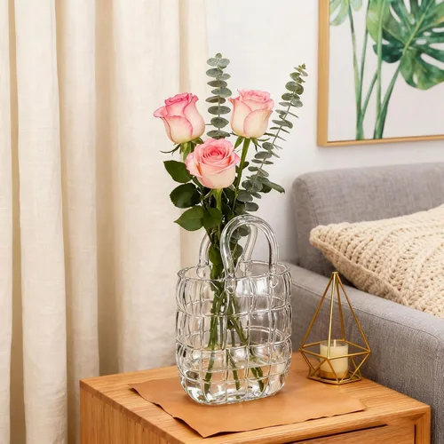 Vista 5 de Elegante jarrón de cristal para arreglos florales, diseño de bolso de boca ancha que mejora las bodas de granja, centros de mesa del hogar, Azul