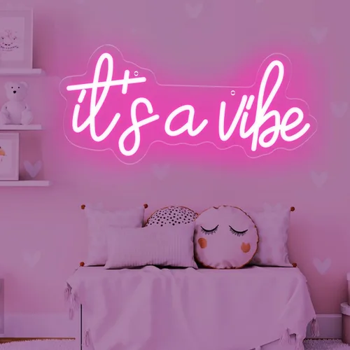 Vista 3 de Letreros de neón con texto en inglés "It's a Vibe", luz de neón para dormitorio, decoración de pared LED USB regulable para el día de San Valentín