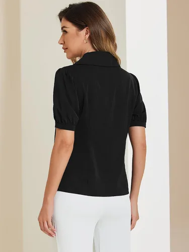 Vista 3 de Allegra K Blusa de verano con cuello de solapa para mujer, camisa de manga corta con botones Negro