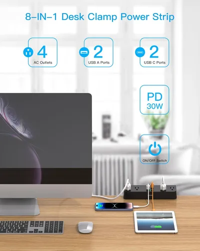 Vista 2 de Regleta de alimentación con abrazadera de escritorio con PD30W USB-C, cable de extensión HANYCONY de 5 pies, estación de carga de montaje