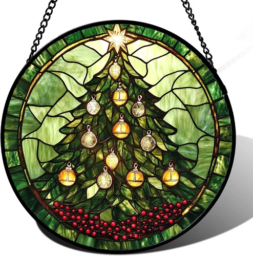 Vista 13 de DASTOLL Conjunto de 4 Piezas de Vidriera Manchada para Colgar en Ventanas Azul Océano con Árbol de Coco 16 cm - Atrapasoles para Puerta, Jardín