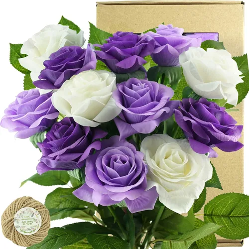 Vista 26 de FiveSeasonStuff 12 tallos de flores artificiales azul hielo, rosas de seda de tacto real para decoración de boda, en caja de regalo Azul helado