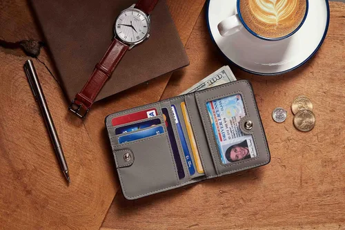 Vista 6 de Gostwo - Cartera compacta de piel genuina de lujo para mujer con bloqueo de RFID y ventana de identificación