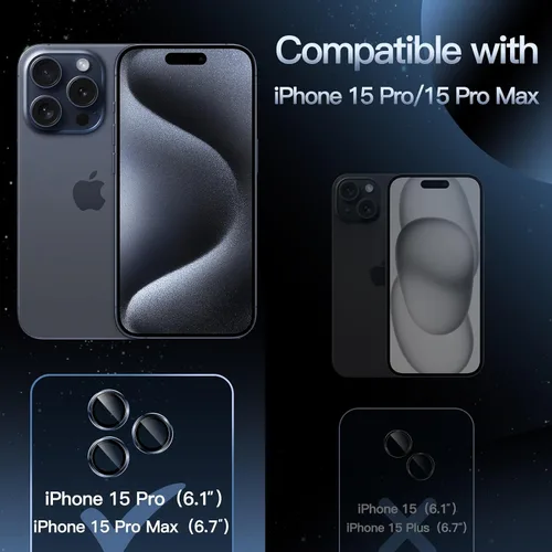 Vista 2 de JETech Protector de lente de cámara para iPhone 15 Pro/15 Pro Max, azul, 1 juego Vidrio templado 9H, cubierta de anillo individual de metal
