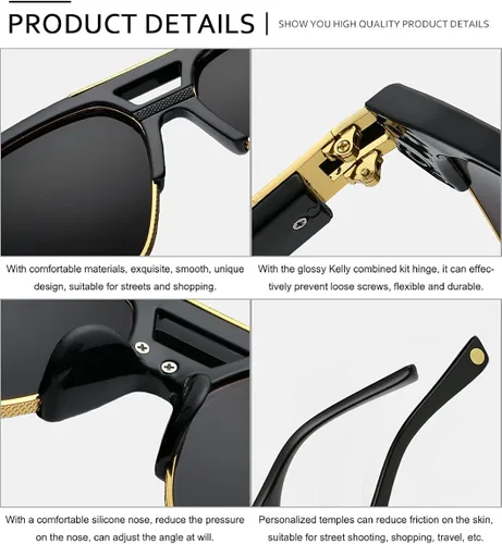 Vista 4 de SHEEN KELLY Gafas de sol piloto de gran tamaño retro con marco de metal para hombres y mujeres, gafas cuadradas semi sin montura