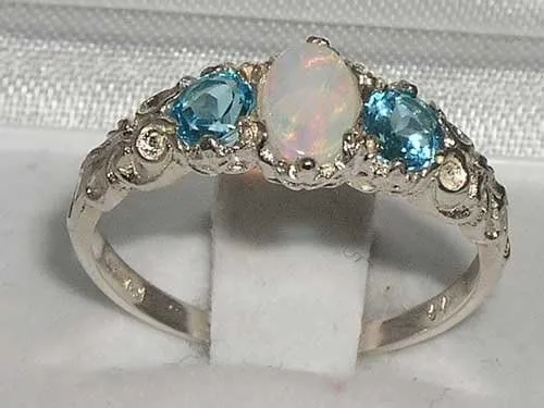 Vista 2 de Anillo de plata de ley 925 auténtica auténtica ópalo y topacio azul para mujer