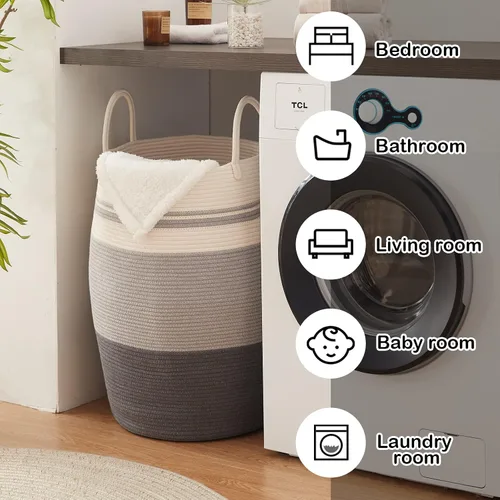 Vista 5 de OIAHOMY Cesta de lavandería tejida de cuerda, tamaño grande, con asas extendidas para ropa y juguetes, cesta alta de 25.6 pulgadas, plegable