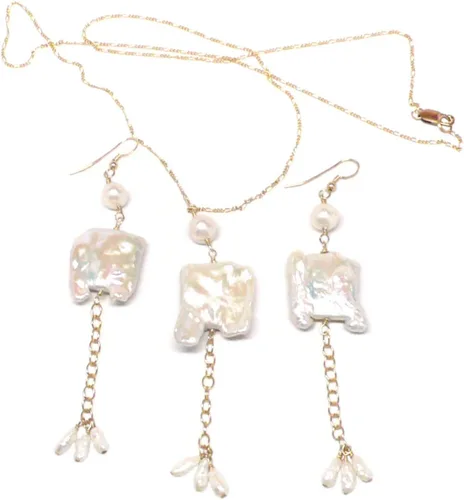 Vista 5 de Large White Notched Rectangle Cultured Freshwater Pearl Chain Necklace Gold-filled