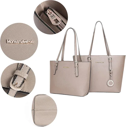 Vista 4 de Montana West Bolso de mano para mujer bolso de hombro de cuero vegano tamaño grande y mediano juego de 2 monederos