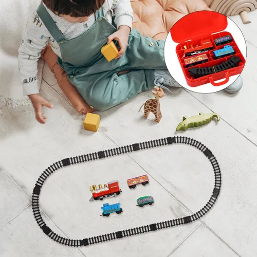 Vista 9 de Juego de tren eléctrico navideño para pista de ferrocarril de plástico y maleta portátil, superficie lisa segura para niños y colores brillantes que