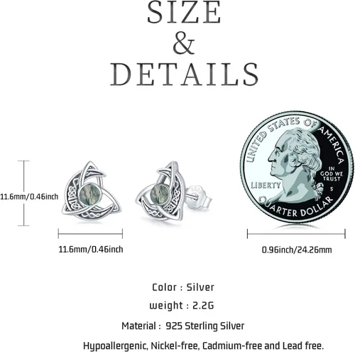 Vista 5 de Aretes de tuerca de luna celta de plata de ley 925 con nudo celta, triángulo, vintage, de buena suerte, regalos irlandeses para mujer