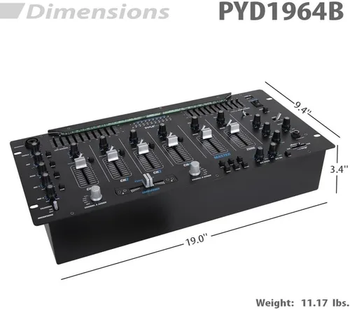 Vista 8 de Pyle Controlador DJ mezclador de 6 canales con Bluetooth, sistema de mezcla digital de sonido profesional con iluminación LED, controles