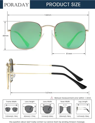 Vista 6 de PORADAY Lentes de sol polarizados hexagonales para mujeres y hombres, vintage, cuadrados, de metal, lentes de sol geométricos