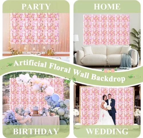 Vista 7 de FUHSY Telón de fondo de pared de flores rosas, 12 piezas de fondos de pared florales artificiales de 15 x 15 pulgadas, telón de fondo de boda
