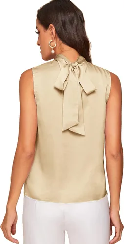Vista 2 de Verdusa Blusas elegantes de satén sin mangas para mujer, plisadas en la espalda, trajes de trabajo elegantes