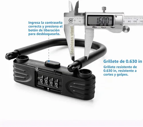 Vista 8 de Cerradura en U para bicicleta resistente, cerradura de bicicleta con contraseña de combinación de 4 dígitos con grillete de bloqueo en U