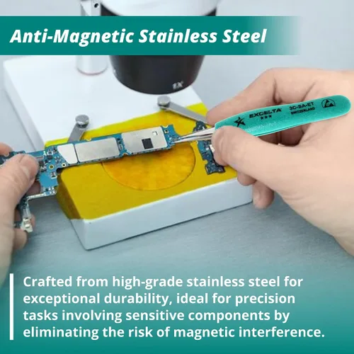 Vista 4 de Excelta 3C-SA-ET Pinzas de precisión puntiagudas rectas muy finas, agarre suave con protección TealShield Ergo-Tweeze, acero inoxidable