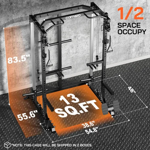 Vista 2 de Cofiyard - Jaula de potencia, soporte de alta resistencia con sistema de poleas dobles, barra multifunción para sentadillas con cruce de cables