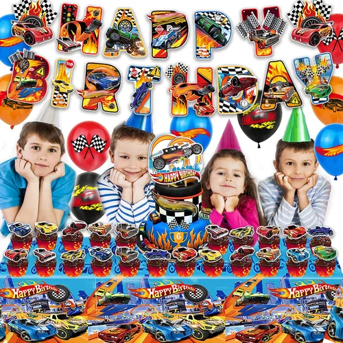 Vista 4 de Decoraciones de fiesta temática de autos calientes, suministros para fiesta de cumpleaños con volante de carreras, incluye pancarta de feliz