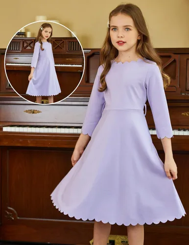 Vista 4 de Arshiner Vestido de fiesta para niñas con ribete festoneado, cinturón, acampanado, formal, por debajo de la rodilla, con bolsillos, para 6-15 años