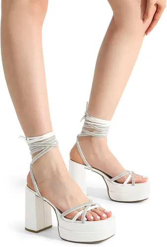 Vista 4 de DREAM PAIRS Sandalias de plataforma con cordones para mujer, con diamantes de imitación, sandalias gruesas Y2K para club, fiesta, cita, baile