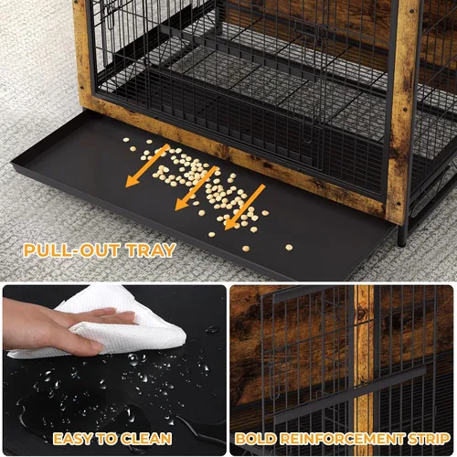 Vista 4 de TLSUNNY Muebles de jaula para perros, 44.1 pulgadas de madera para interiores con 2 puertas, jaula resistente con bandeja extraíble, mesa auxiliar