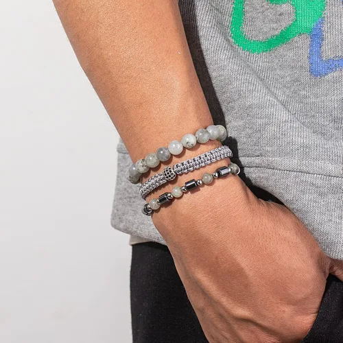 Vista 2 de Juego de pulseras de cuentas para hombre de 0.315 in y 0.157 in de piedras preciosas curativas trenzadas con dije de circonita cúbica, pulsera
