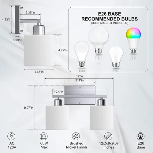 Vista 3 de Lámpara de tocador de baño sobre espejo con níquel cepillado, modernos apliques de pared de 2 luces para dormitorio, sala de estar, decoración