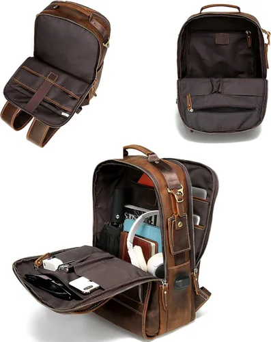 Vista 4 de LANNSYNE Mochila de cuero genuino vintage para hombres 15.6 pulgadas portátil bolsa de noche fin de semana camping mochila, Marrón, Mochilas