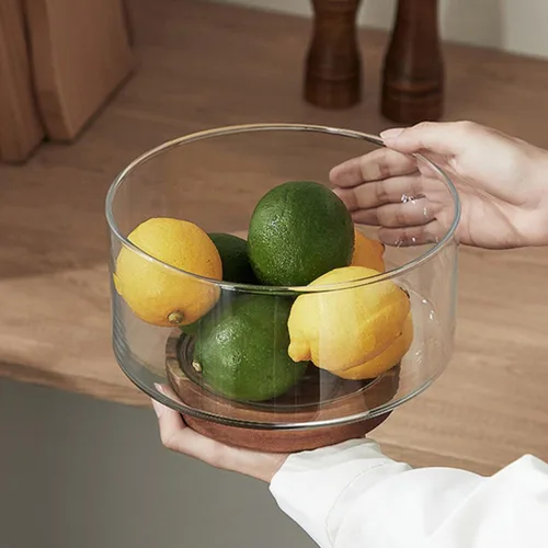 Vista 6 de Ipetboom Decoración del hogar, cuenco de frutas de vidrio con base de madera, cuenco de ensalada de cocina, tazón de mezcla de salsa, plato