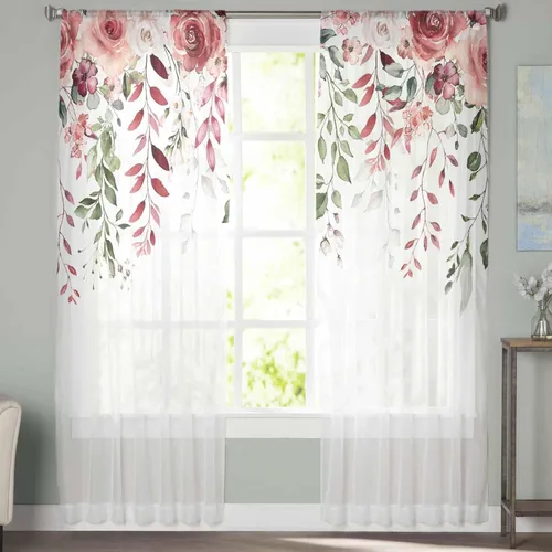 Vista 2 de Juego de 2 paneles de cortinas traslúcidas para el día de San Valentín, diseño de hojas de rosa sobre flores blancas con bolsillo para barra