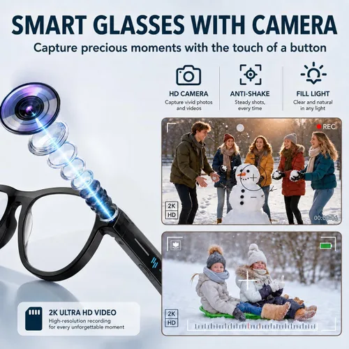 Vista 2 de Gafas Inteligentes con Cámara, Gafas AI, Gafas Bluetooth, Lentes Reemplazables, Batería de 48H para Viajes, Conferencias y Vlogging. Traducción